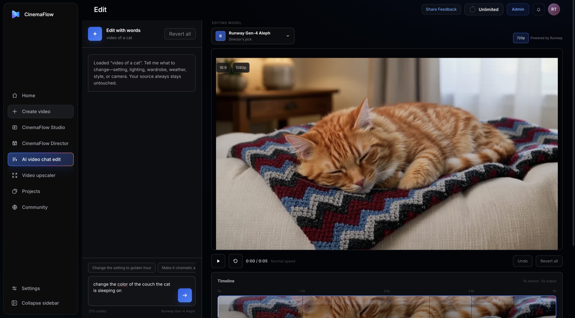 CinemaFlow AI video chat editor changing a clip from a natural-language instruction