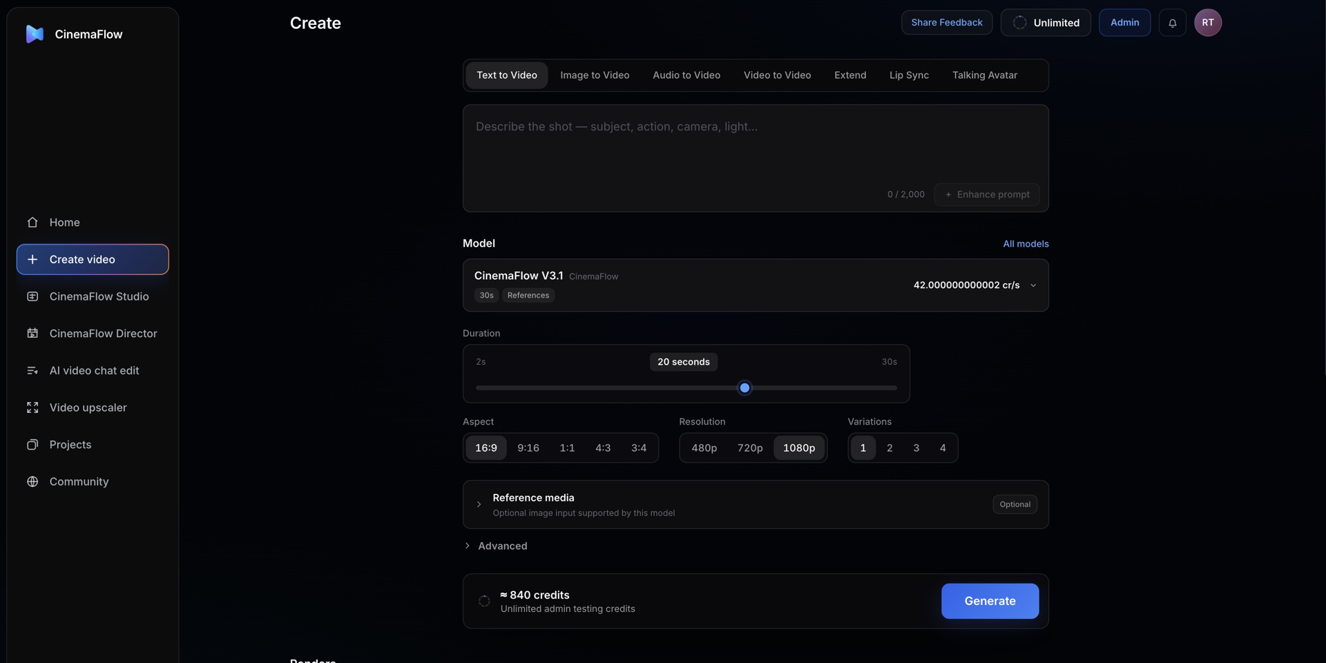 CinemaFlow Create page with text, image, audio, and video generation modes
