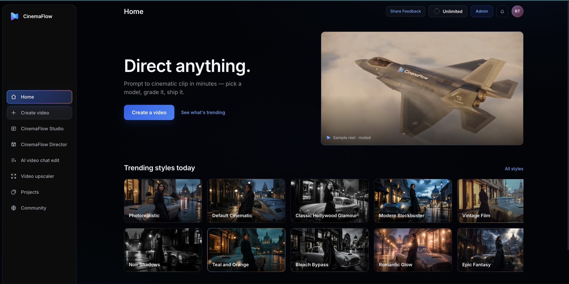 CinemaFlow home screen with cinematic style presets and product navigation