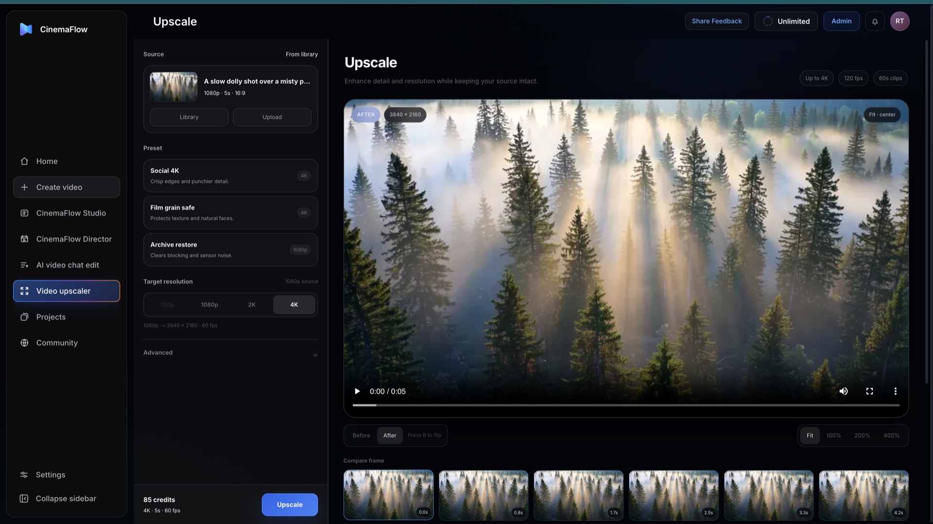 CinemaFlow video upscaler previewing a forest clip at 4K